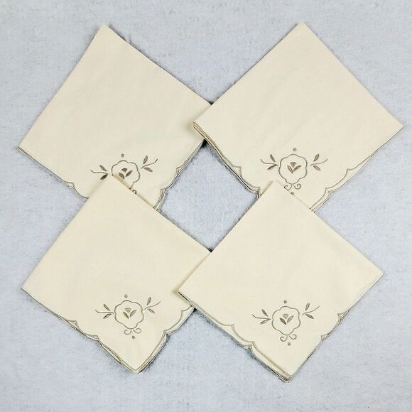 Beige Napkins Set Of 4 With Embroidered Floral Square Scalloped Edges 16" Retro - Picture 1 of 4